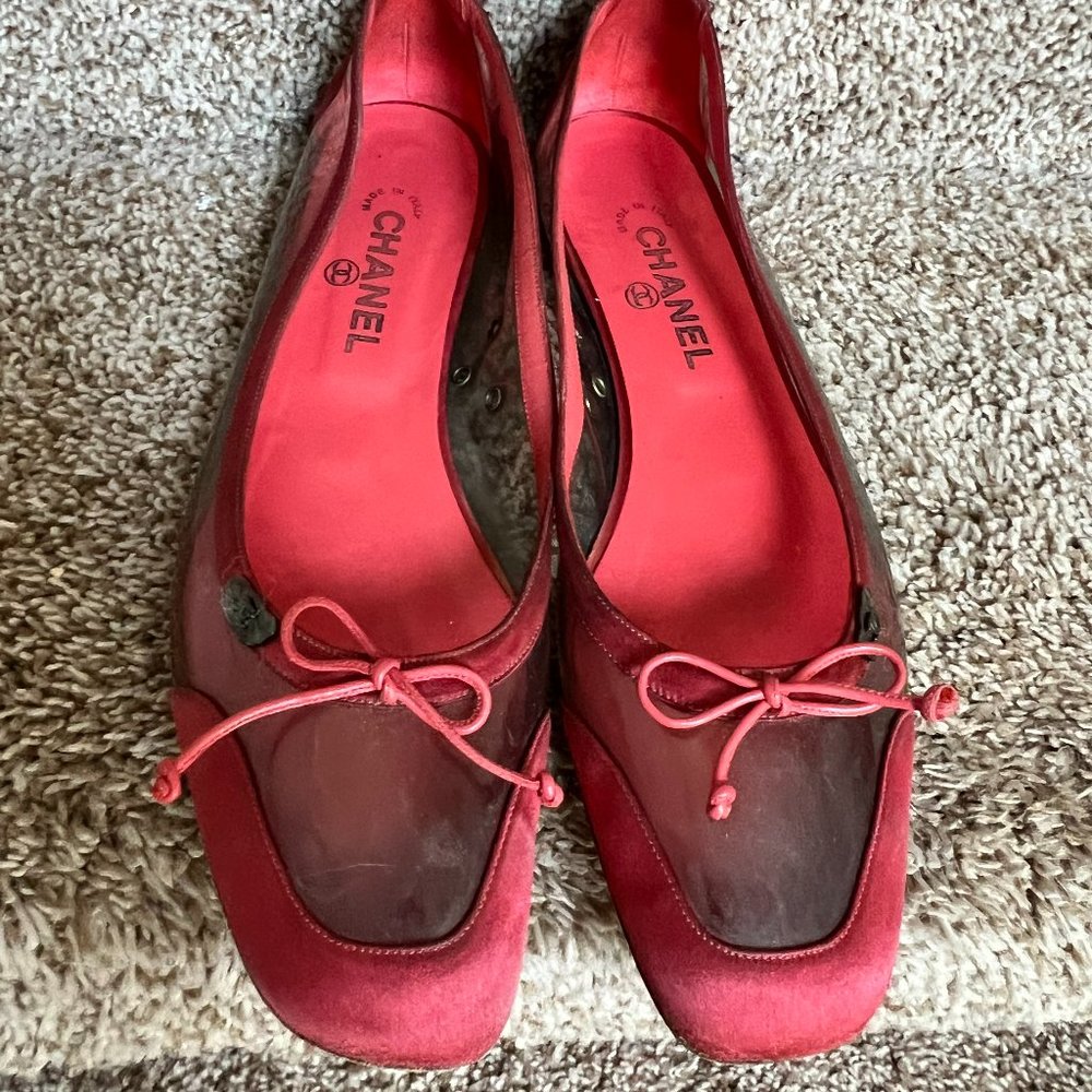 Chanel Women's Red Satin/PVC Embellished /Leather Ballet Flats.